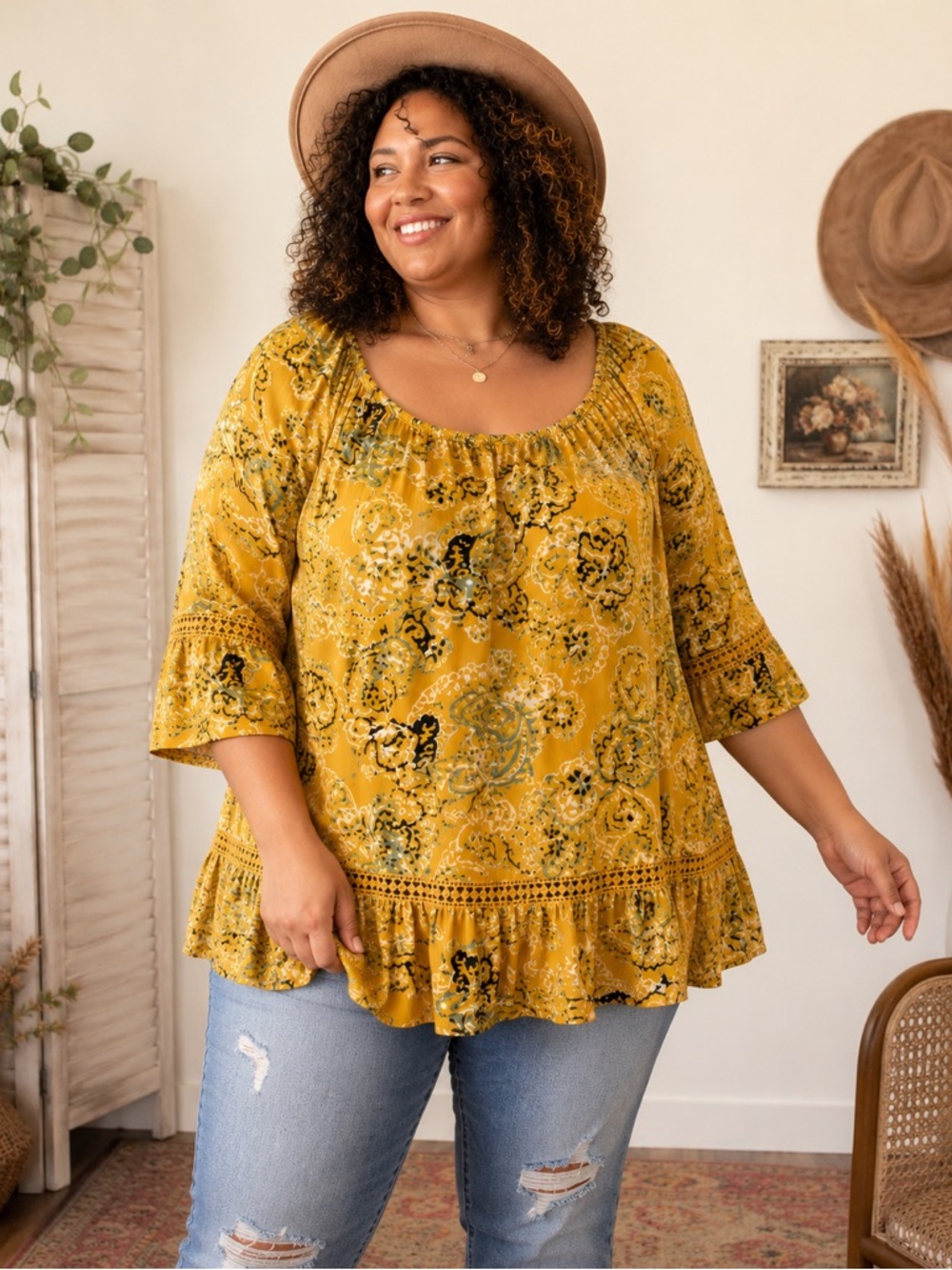 Fever Mustard Paisley Boho Peasant Tunic Top 3X Bell Sleeve Rayon